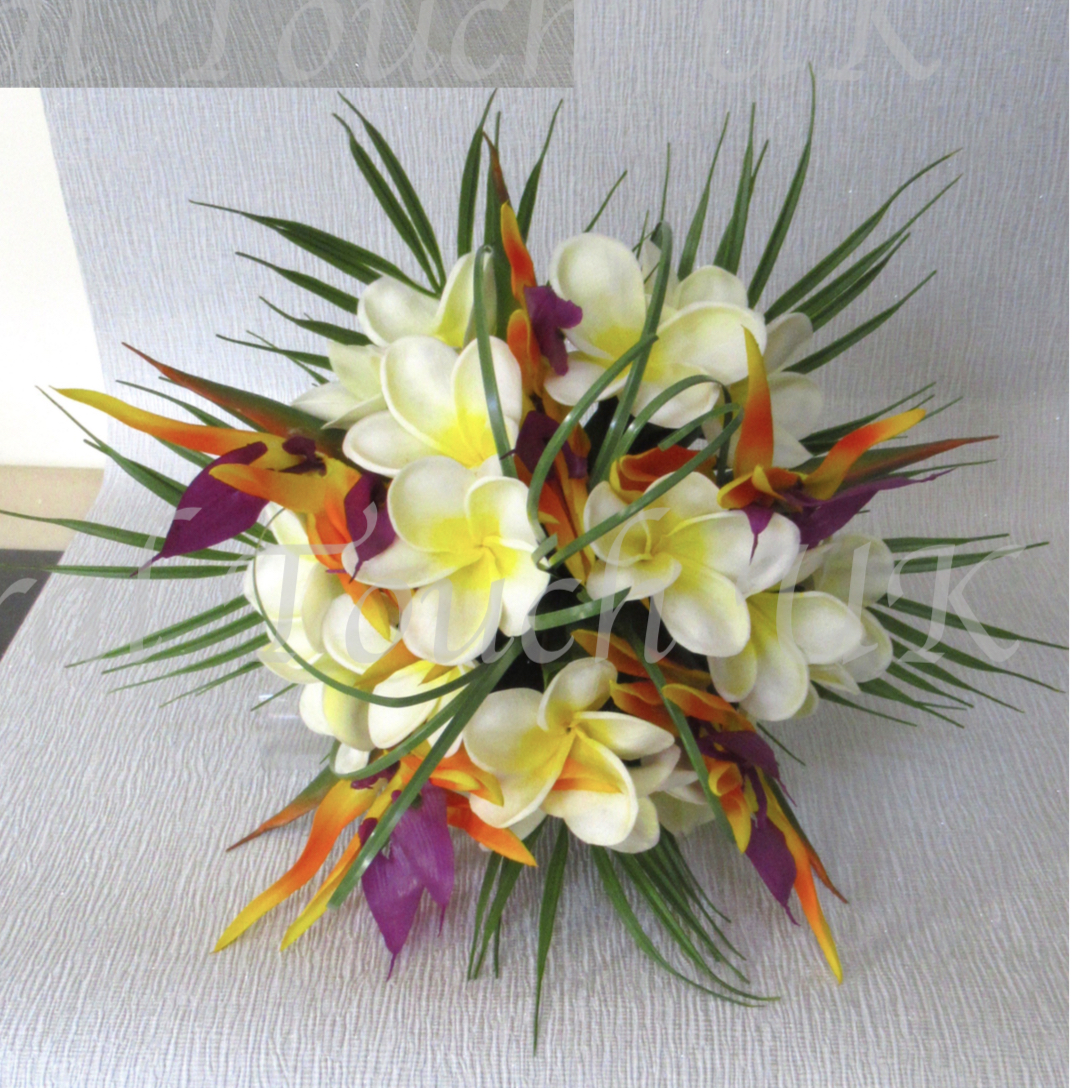 Real Touch Bird Of Paradise & Plumeria Bridal Bouquet with Palm Leaf Foliage & Beargrass